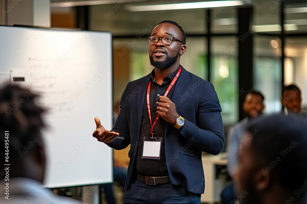 Fototapeta premium Dynamic African American Speaker Engages Corporate Audience with Insightful Presentation in Professional Boardroom. created with Generative AI
