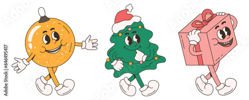 Christmas set in retro style. Illustration with characters in 80s style.