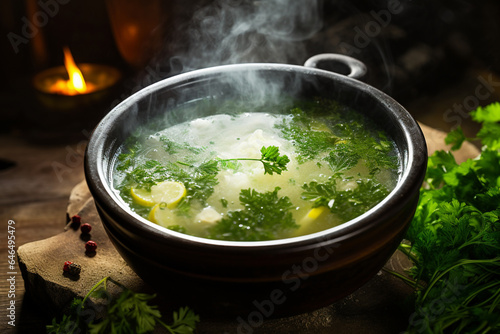 A bowl of steaming soup with fresh herbs, illustrating the comfort and nourishment of homemade meals, Health