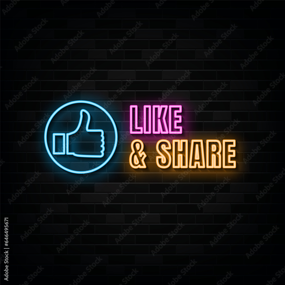Obraz premium Like and Share Neon Signs Vector Design Template Neon Style