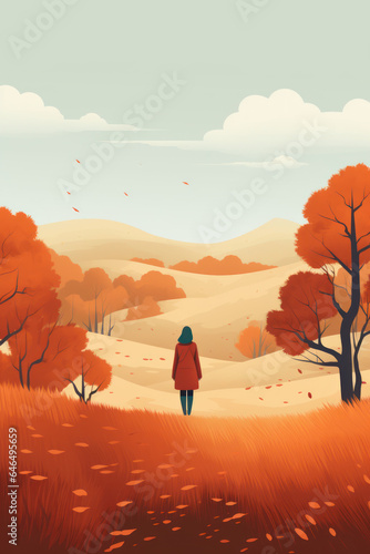 color block illustration of a woman standing far away with orange autumn landscape nature fall colours hand drawn digital art style calendar
