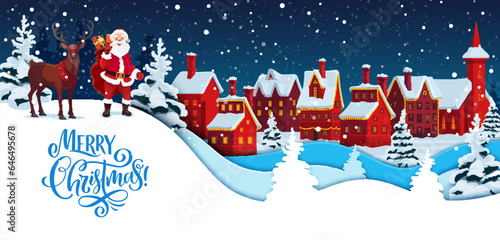 Cartoon paper cut winter town and Santa with deer, Christmas holiday vector background. Merry Christmas greeting in paper cut double exposition of Satna with gifts and reindeer in snowy town village