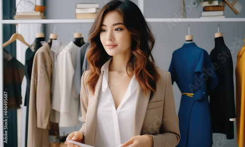 Female stylist Successful Fashion Business  Beautiful Asian young woman in office of fashion designer.