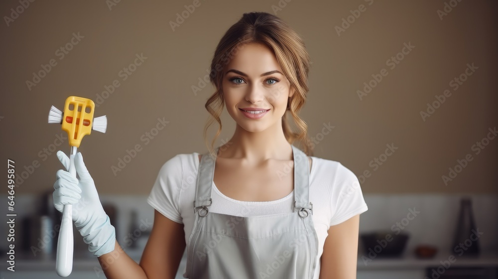 Young housewife ready to clean of housework. Young housewife ready to clean of housework.