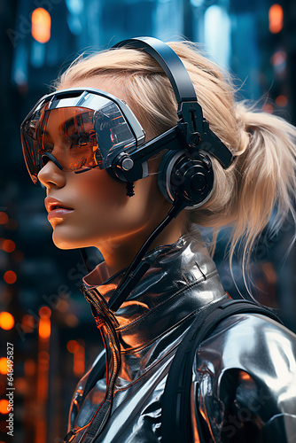 Futuristic fun: Woman explores a neon city with VR gear. © NS