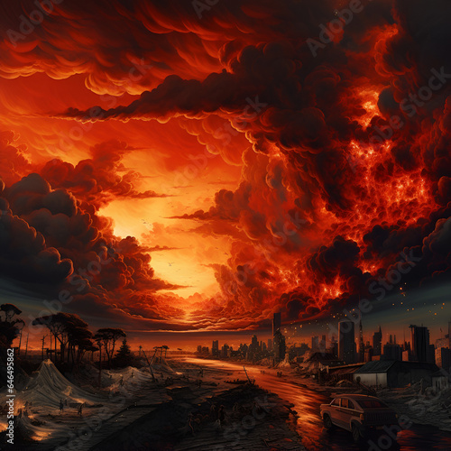 A destroyed, deserted, post-apocalypse city with fiery clouds ominously hanging overhead 