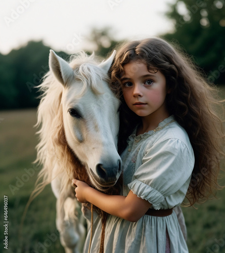 A little girl and a white foal. Generative AI.