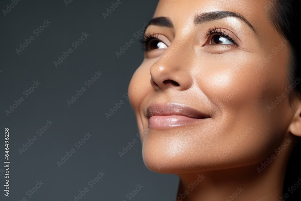 Portrait of a forty-year-old brunette with a happily groomed face on a gray background, close-up. Portrait of a forty-year-old brunette with a happily groomed face on a gray background, close-up.