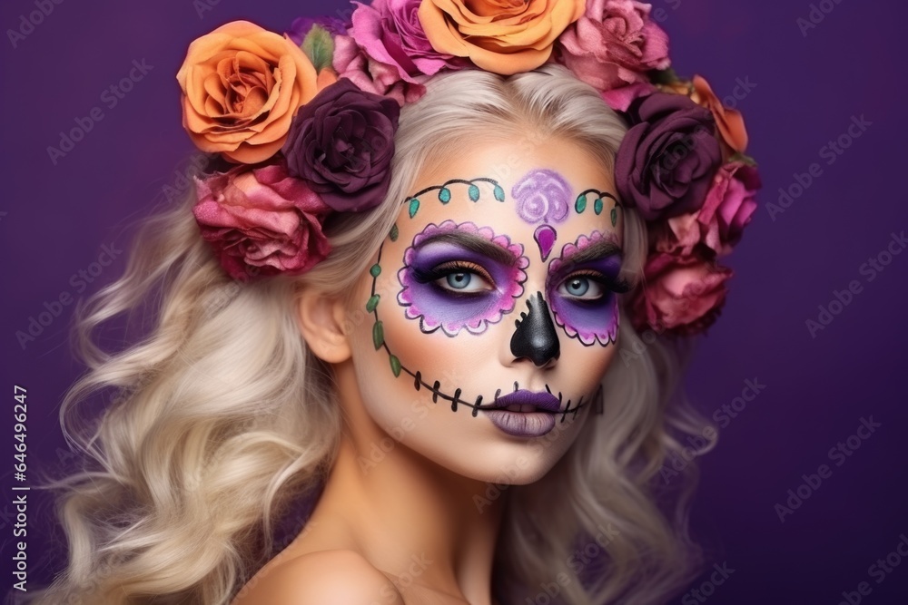 Portrait of pretty blonde girl with holiday makeup day of the dead with flowers on purple background.