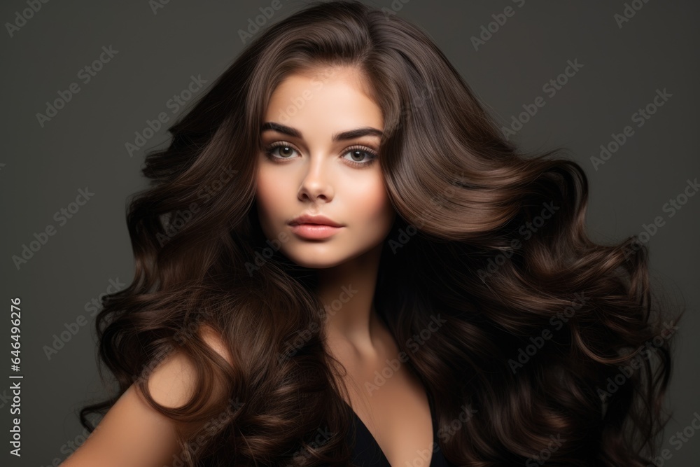 Portrait of an attractive shade girl with waving long chic hair on gray background, close-up.