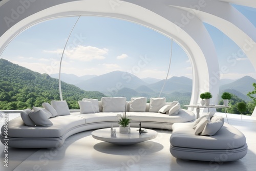 Futuristic light interior of oval room with white sofas on mountain landscape background.