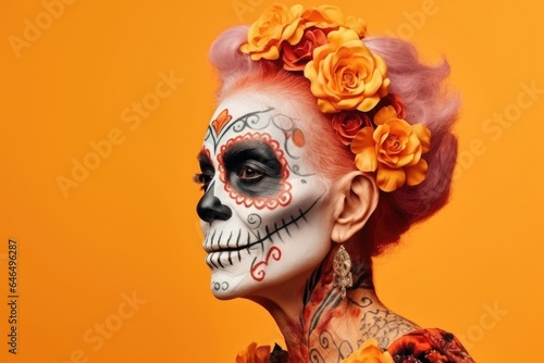 Portrait of an elderly woman with holiday makeup of the day of her death on an orange background.
