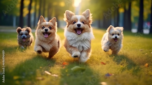 Cute dogs group running and playing in park.