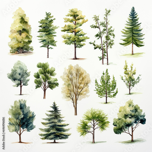 Collection of illustrated trees on sketch paper  color pallet and paint brushes  watercolor