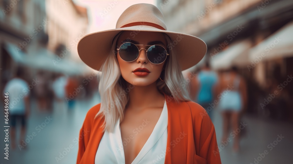 Fashionable young woman in hat and sunglasses on the street at city.