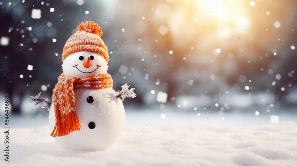 Happy snowman in a winter landscape.Seasons greetings