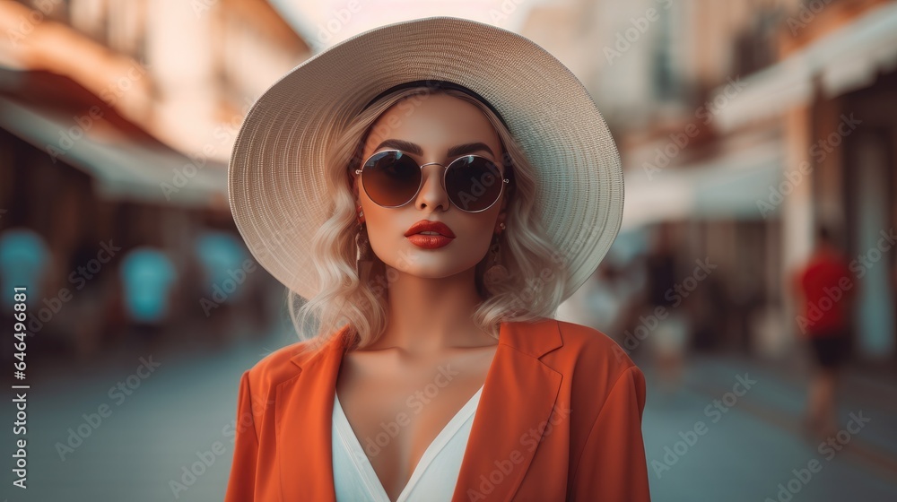 Fashionable young woman in hat and sunglasses on the street at city. Fashionable young woman in hat and sunglasses on the street at city.