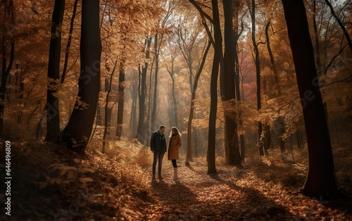 Couple in forest in autumn. AI  Generative AI