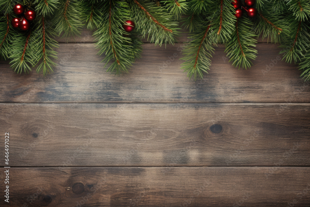 Wood Background with Christmas Tree Pine Branches and Red Ornaments, Generative AI Wood Background with Christmas Tree Pine Branches and Red Ornaments, Generative AI