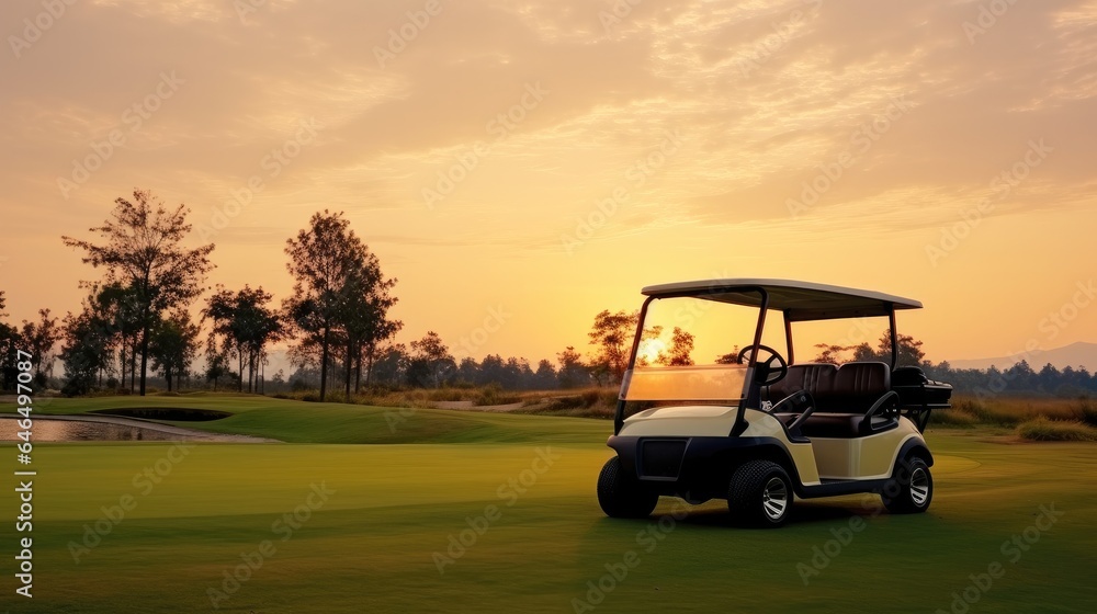 Golf cart car in fairway of golf course with fresh green grass field.