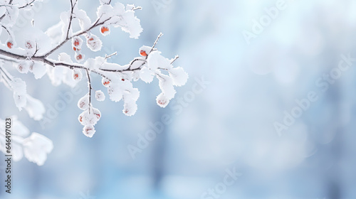 Idyllic winter scene background with snowy fir tree. Branches covered with hoarfrost © britaseifert