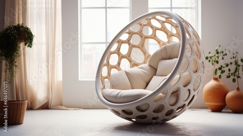 Futuristic chair cocoon in a living room at modern house.