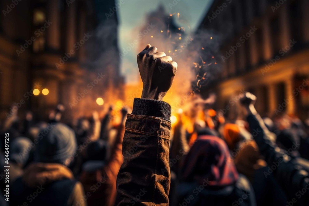 Raised fist of afro american man in large angry protest riot crowd of people - obrazy, fototapety, plakaty 