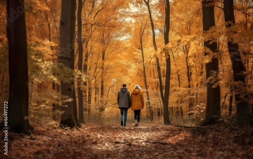 Couple in forest in autumn. AI, Generative AI © Stormstudio