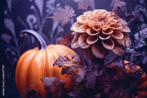 Generative AI  Halloween duotone background with flowers and pumpkin