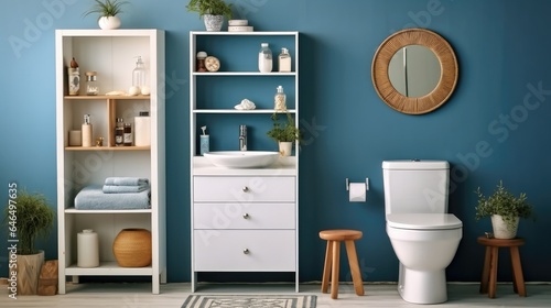 Modern restroom with toilet bowl and chest of drawers.