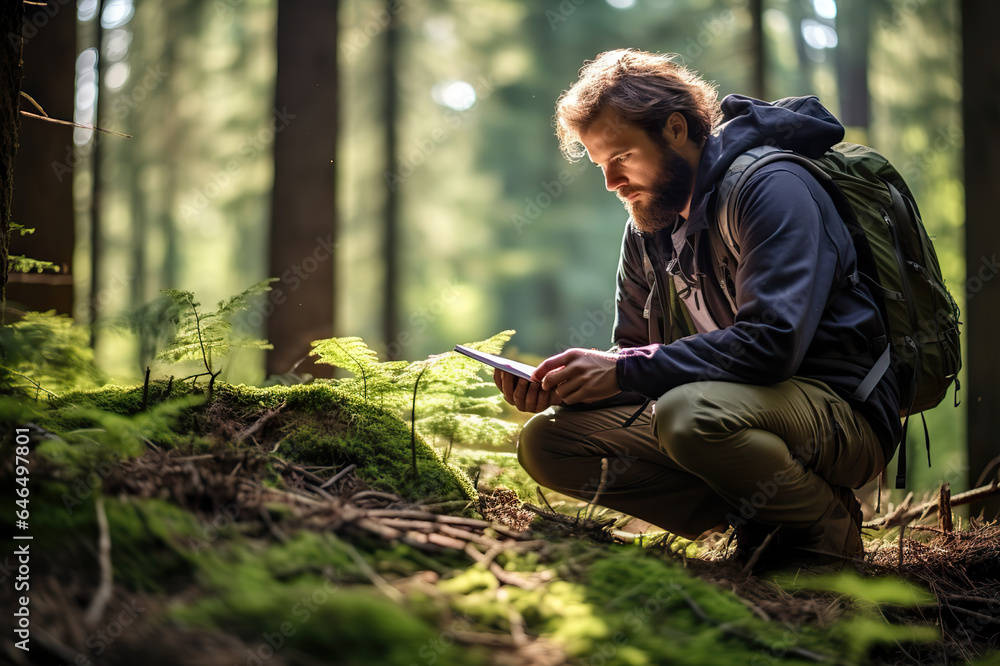 Committed Conservation Surveyor Preserving Nature Through Field Research in the Forest. created with Generative AI Committed Conservation Surveyor Preserving Nature Through Field Research in the Forest. created with Generative AI