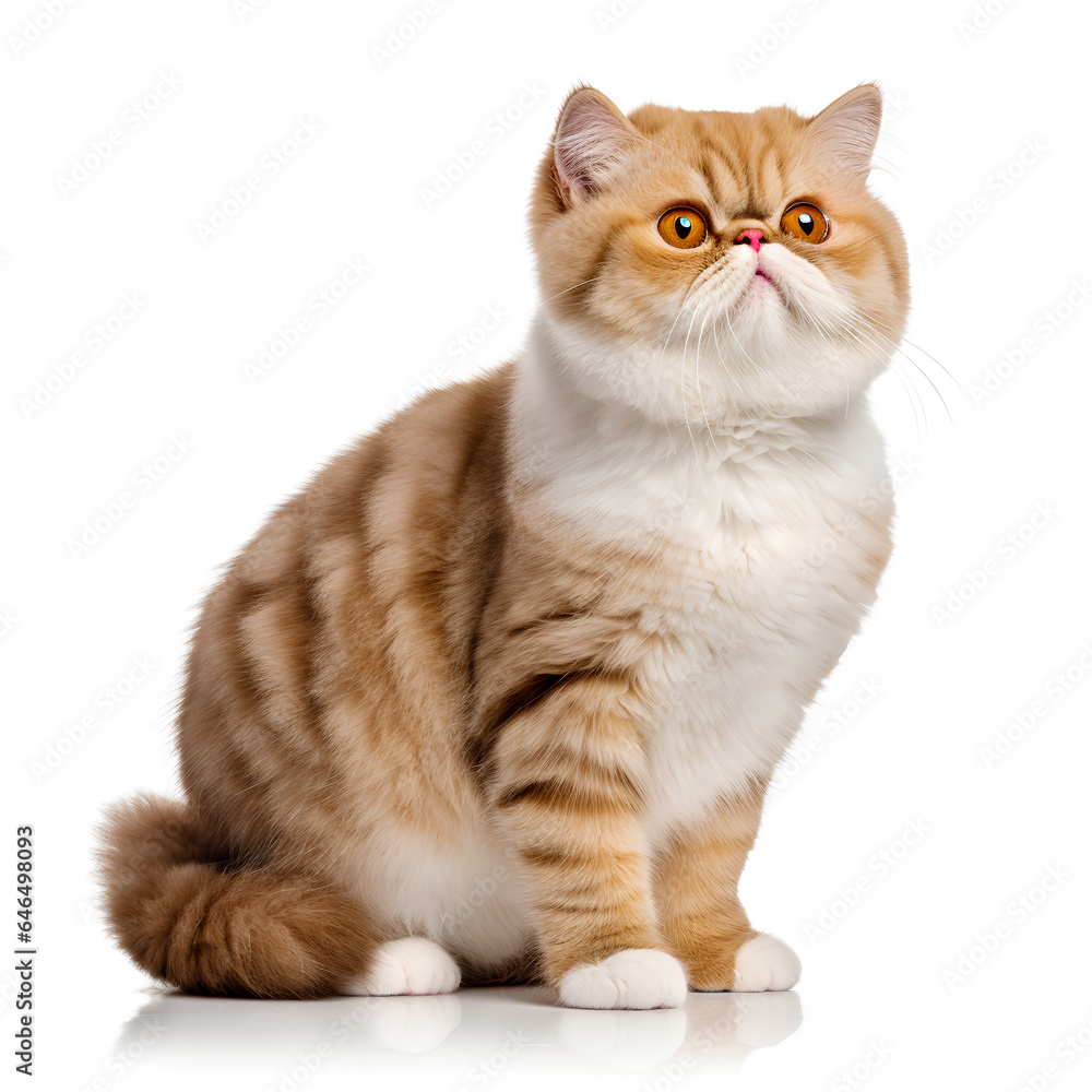 Chubby exotic shorthair Cat sitting isolated background