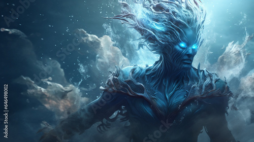 Water element creature with blue glowing eyes. Demon man underwater. Generative AI. © Abee