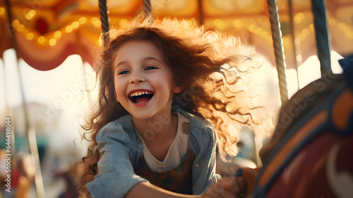 A happy young girl expressing excitement while on a colorful carousel, merry go round, having fun at an amusement park, Generative AI