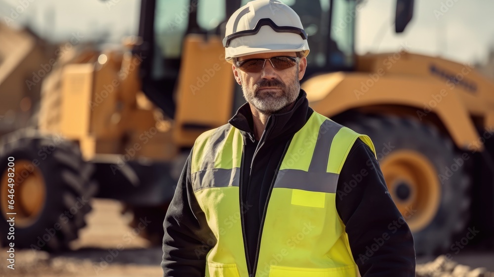 Construction worker with hardhat helmet on construction site with excavator loader tractor background. Construction worker with hardhat helmet on construction site with excavator loader tractor background.