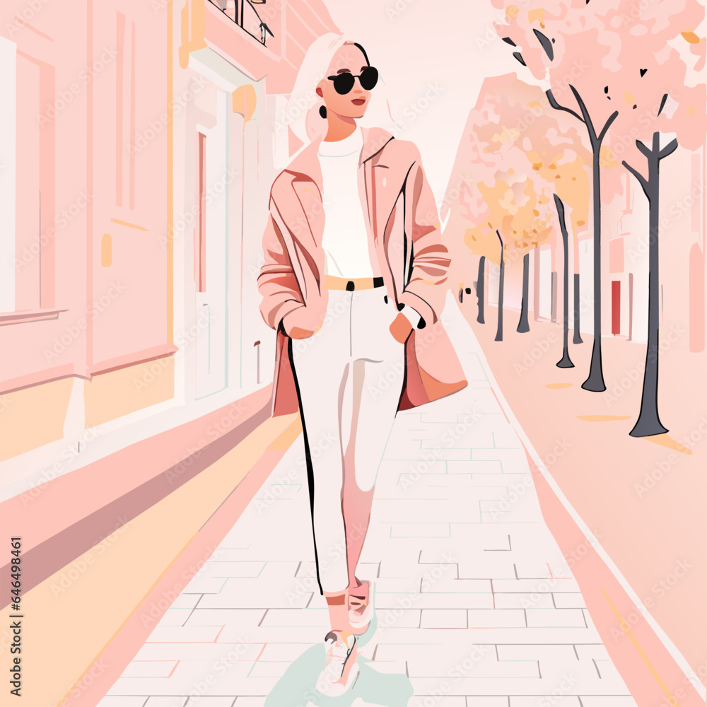 Naklejka premium Fashionable young woman in sunglasses walking on the street. Vector illustration.