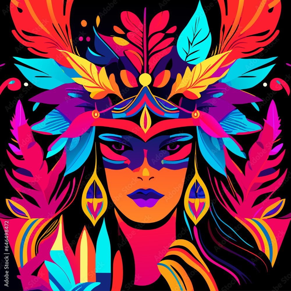 Vector illustration of a beautiful woman in a headdress with feathers. Vector illustration of a beautiful woman in a headdress with feathers.