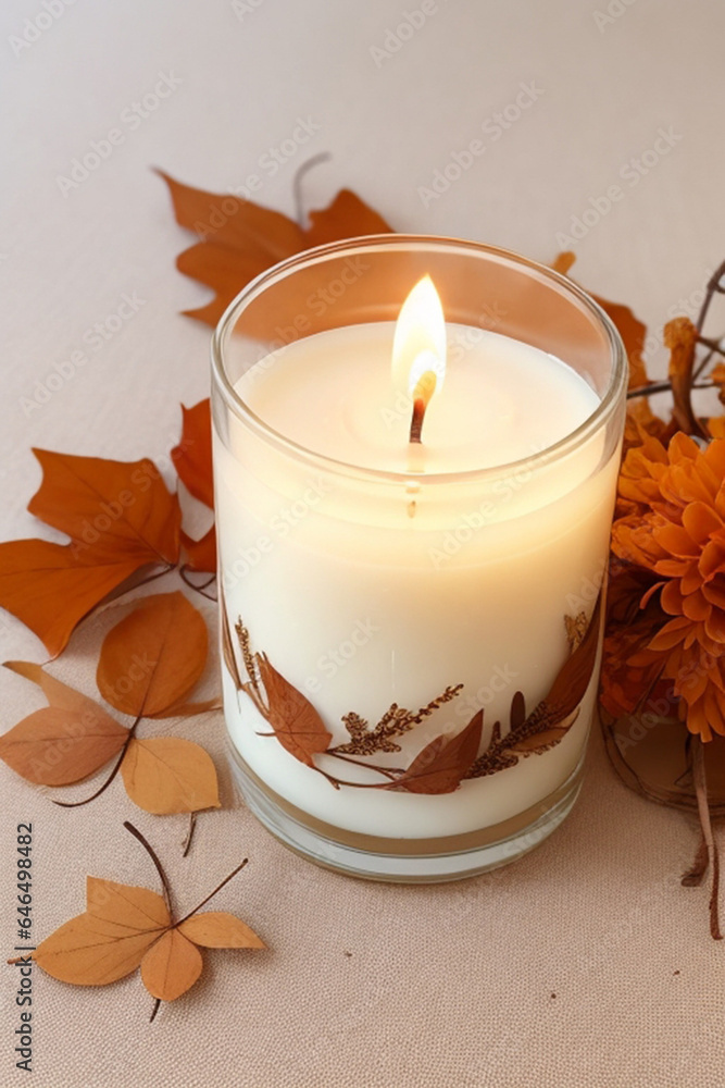A vanilla-scented candle is being burned on a beige background, creating a cozy and warm autumn atmosphere with dried leaves and flowers. Generated with AI A vanilla-scented candle is being burned on a beige background, creating a cozy and warm autumn atmosphere with dried leaves and flowers. Generated with AI