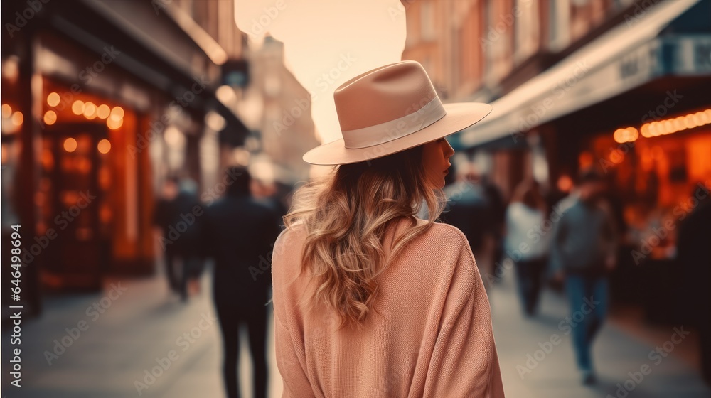 Rear view, Young woman in hat and coat walking in the city, Travel concept. Rear view, Young woman in hat and coat walking in the city, Travel concept.