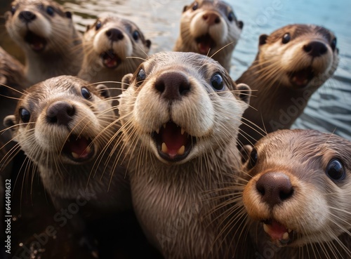 A group of otters look at the camera in a friendly way © cherezoff