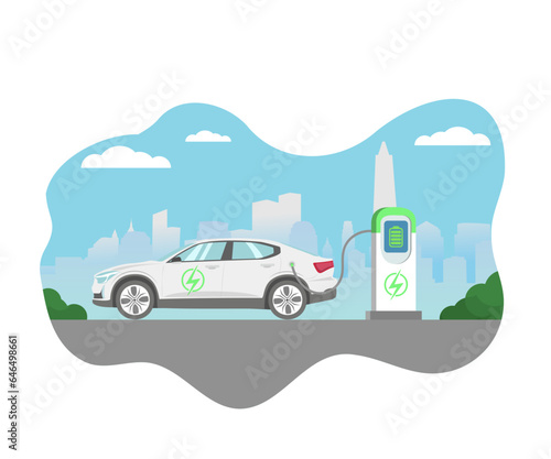 Illustration depicting an electric car charging from a station, against the backdrop of a city surrounded by greenery.