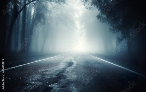 Fog In Spooky Forest At Moon Light On Asphalt. AI, Generative AI
