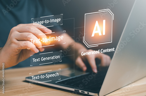Artificial Intelligence, AI generated content Concept. Artist Man using AI Art to generate smart content. Text to image command prompt , technology Business, futuristic transformation. Chat with robot