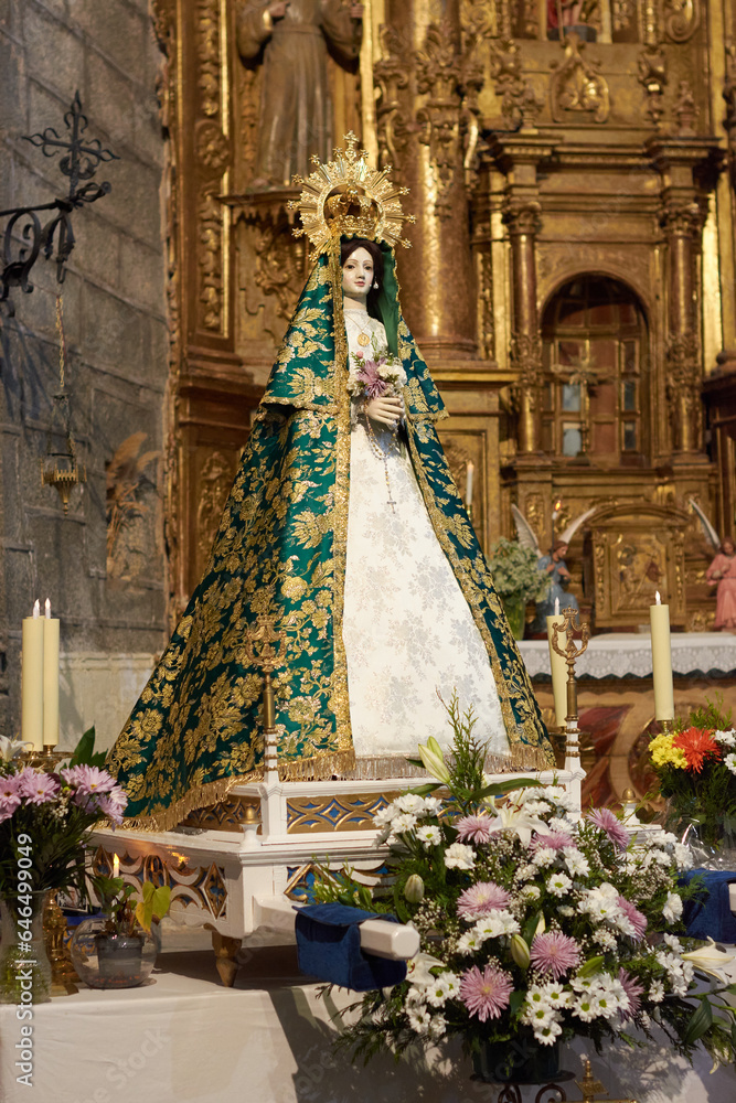 The image of the Virgen de Gracia Carrero, patron saint of Gallegos de Solmirón, in the parish church of San Juan Bautista. Town of Salamanca. Castilla y León. Spain