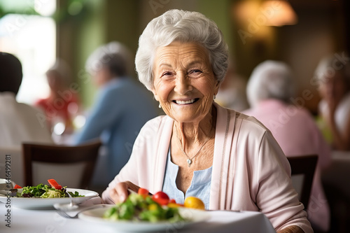 Vibrant Senior Living A Joyful Retirement Home Resident Savoring a Wholesome Lunch, Embodying Well-Being and Contentment. created with Generative AI