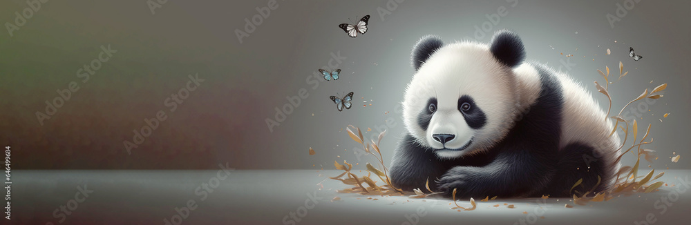 Fototapeta premium Interpretation of a fabulous little panda bear with butterflies, gradient background. AI generated.