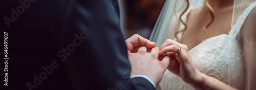 Wedding hands of the bride and groom ceremonially put wedding rings on their fingers. AI generated. photo