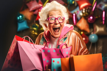 Happy older woman shouts joyfully and holds shopping bags. Concept of shopping, sales season, Black Friday, Pink friday