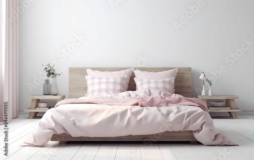 Light cute and cozy home bedroom interior with unmade beds. AI  Generative AI