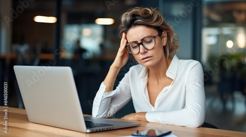 Business woman wearing glasses having headache at work, Tired busy, Problem at workplace.